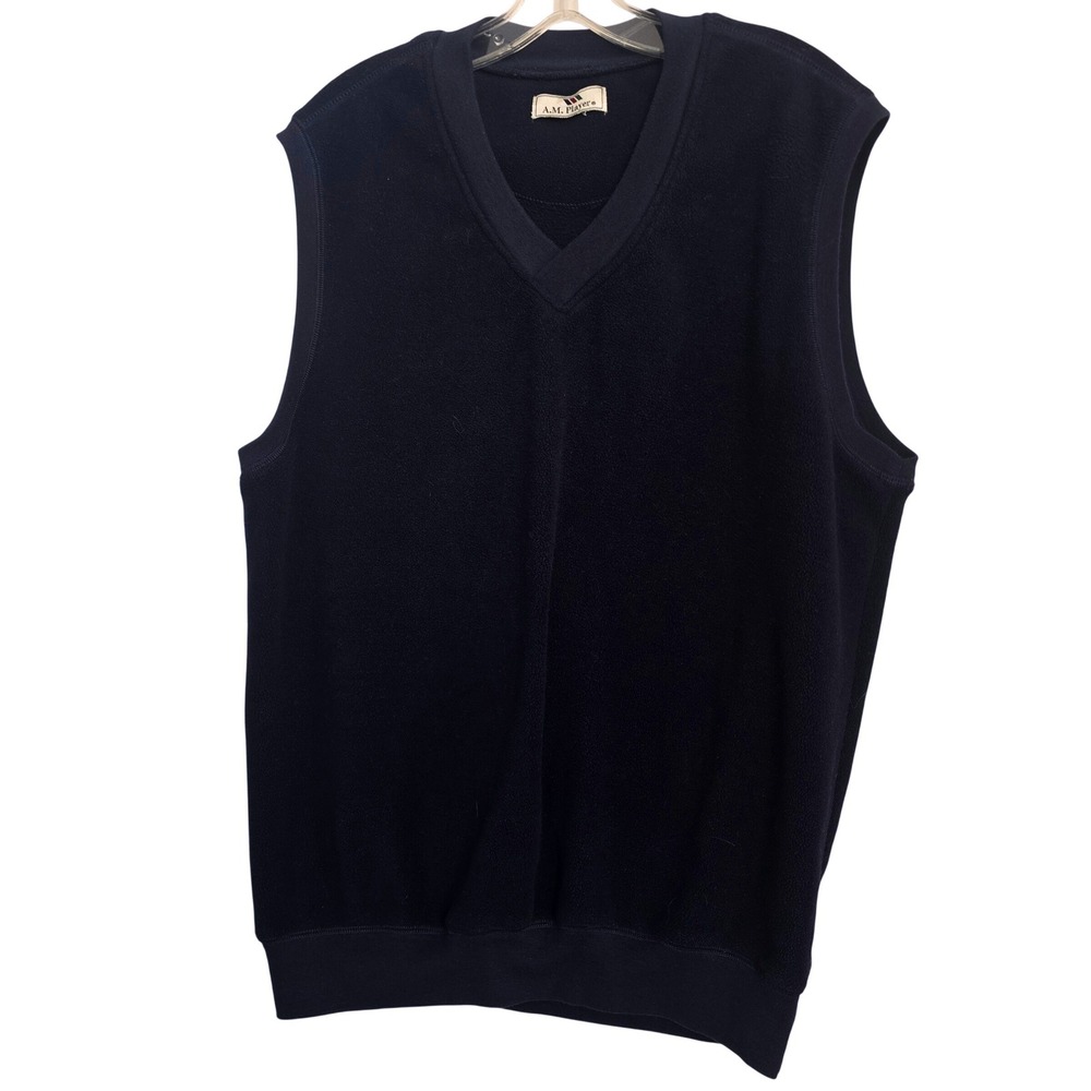 A.M. Player Mens Navy Blue Fleece V-Neck Sweater Vest Sleeveless Pullover L